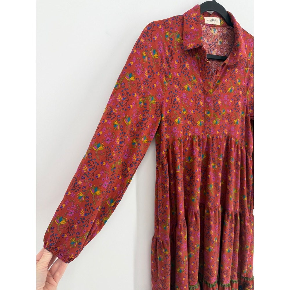 Natural Life Womens S Rust Floral Tiered Midi Dress Long Sleeve Boho Fall - Picture 3 of 8